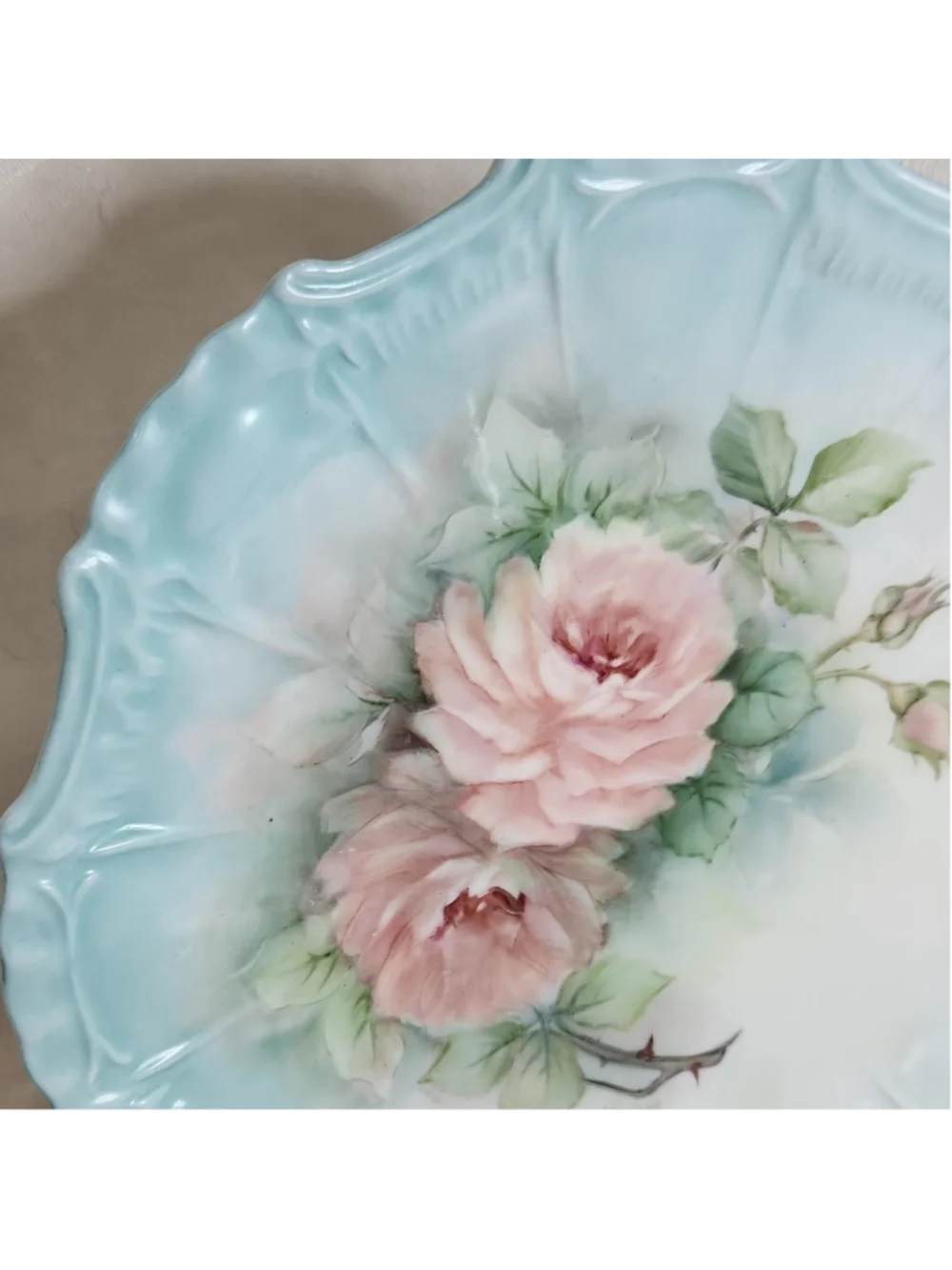 Vtg Hand Painted Porcelain Glenda Stewart Crawfordville GA Pink Roses Lt Blue